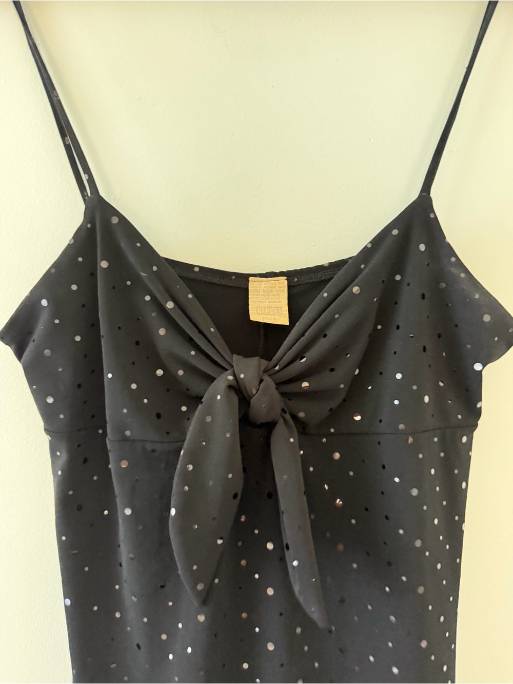 Y2K Handkerchief hem Midi Spaghetti Strap Stretchy Fitted Dress Shiny Polka Dot - Picture 3 of 6